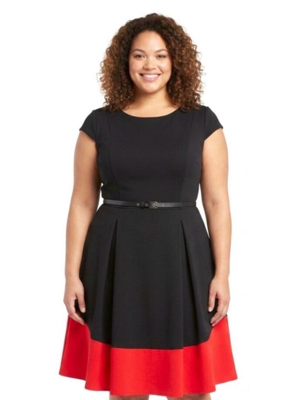 Calvin Klein Black and Red Colorblock Fit-and-Flare Midi Dress